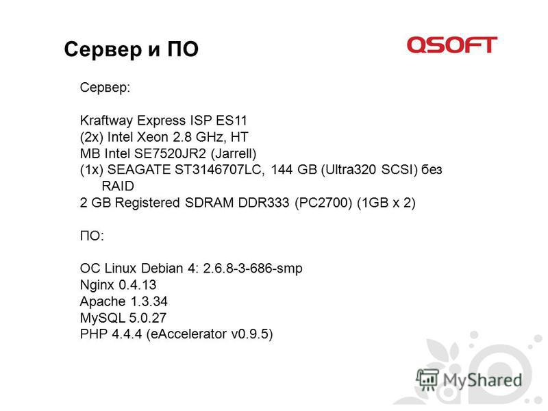 Сервер и ПО Сервер: Kraftway Express ISP ES11 (2x) Intel Xeon 2.8 GHz, HT MB Intel SE7520JR2 (Jarrell) (1x) SEAGATE ST3146707LC, 144 GB (Ultra320 SCSI) без RAID 2 GB Registered SDRAM DDR333 (PC2700) (1GB х 2) ПО: ОС Linux Debian 4: 2.6.8-3-686-smp Ng