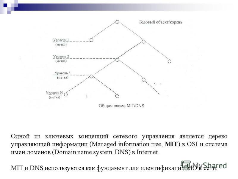 Одной из ключевых концепций сетевого управления является дерево управляющей информации (Managed information tree, MIT) в OSI и система имен доменов (Domain name system, DNS) в Internet. MIT и DNS используются как фундамент для идентификации МО в сети