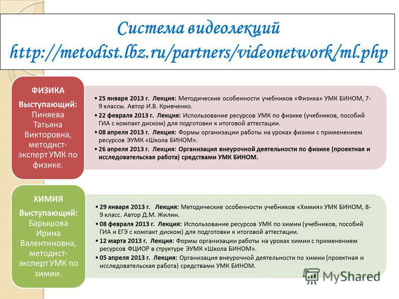 Система видеолекций http://metodist.lbz.ru/partners/videonetwork/ml.php