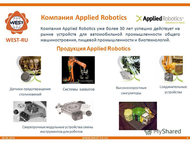 www.west-ru.ru 6 04.06.2014 Компания Applied Robotics Компания Applied Robotics уже более 30 лет успешно действует на рынке устройств для автомобильной промышленности общего машиностроения, пищевой промышленности и биотехнологий. Продукция Applied Ro