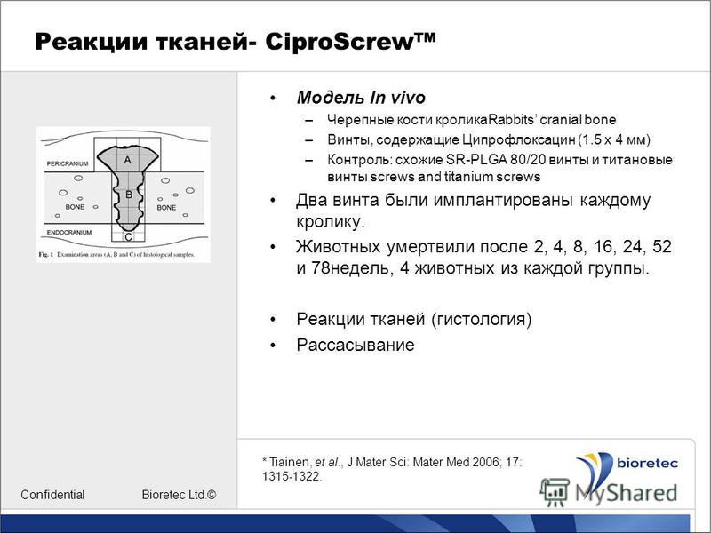 Реакции тканей- CiproScrew Модель In vivo –Черепные кости кроликаRabbits cranial bone –Винты, содержащие Ципрофлоксацин (1.5 x 4 мм) –Контроль: схожие SR-PLGA 80/20 винты и титановые винты screws and titanium screws Два винта были имплантированы кажд