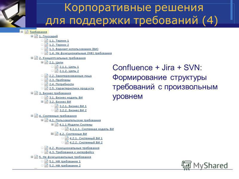 Корпоративные решения для поддержки требований (4) Confluence + Jira + SVN: Формирование структуры требований с произвольным уровнем
