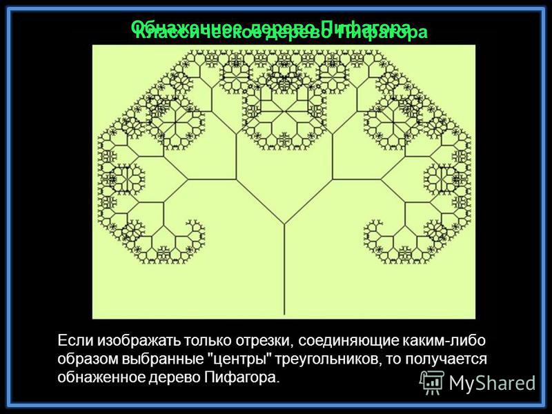 Обнаженное дерево Пифагора Классическое дерево Пифагора Если изображать только отрезки, соединяющие каким-либо образом выбранные центры треугольников, то получается обнаженное дерево Пифагора.