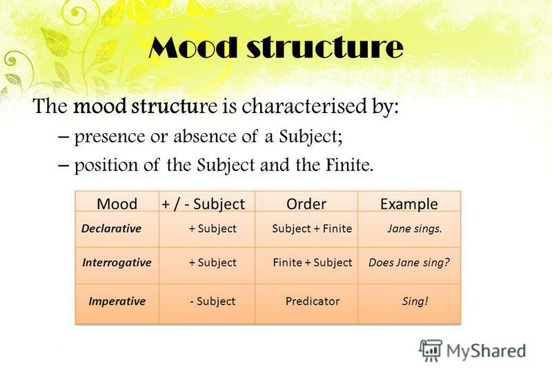 Mood structure The mood structure is characterised by: – presence or absence of a Subject; – position of the Subject and the Finite.
