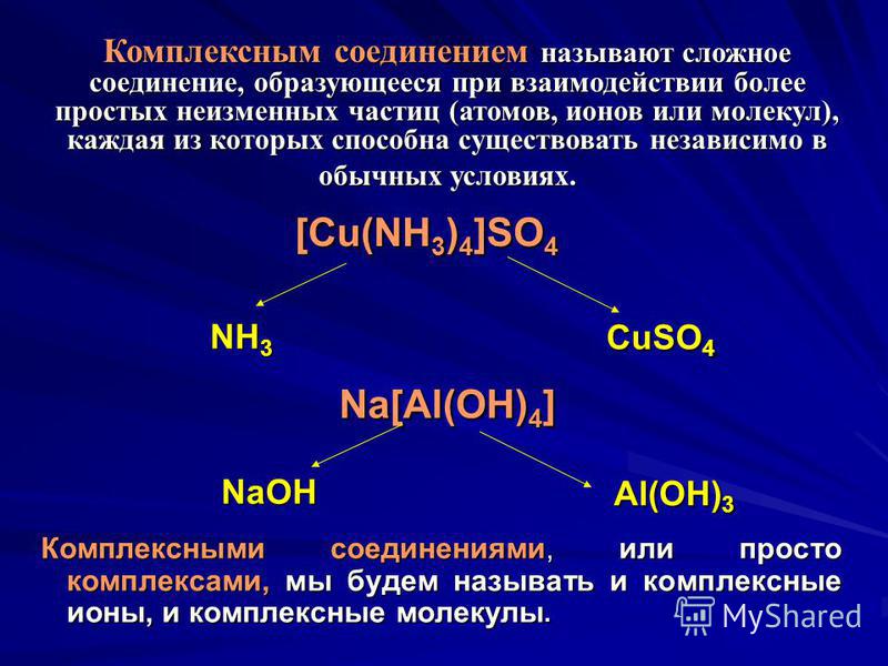 [Cu(NH 3 ) 4 ]SO 4 Комплексными соединениями, или просто комплексами, мы будем называть и комплексные ионы, и комплексные молекулы. Комплексными соединениями, или просто комплексами, мы будем называть и комплексные ионы, и комплексные молекулы. Компл