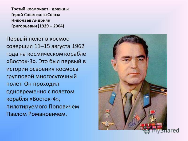 Третий космонавт - дважды Герой Советского Союза Николаев Андриян Григорьевич (1929 – 2004) Первый полет в космос совершил 11–15 августа 1962 года на космическом корабле «Восток-3». Это был первый в истории освоения космоса групповой многосуточный по