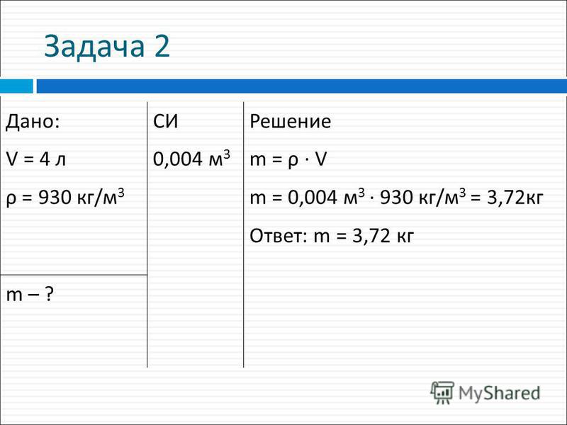 Задача 2 Дано: V = 4 л ρ = 930 кг/м 3 СИ 0,004 м 3 Решение m = ρ · V m = 0,004 м 3 · 930 кг/м 3 = 3,72 кг Ответ: m = 3,72 кг m – ?
