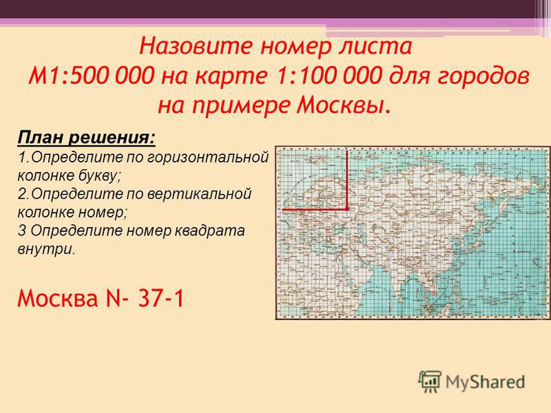Назовите номер листа М1:500 000 на карте 1:100 000 для городов на примере Москвы. Москва N- 37-1 План решения: 1. Определите по горизонтальной колонке букву; 2. Определите по вертикальной колонке номер; 3 Определите номер квадрата внутри.