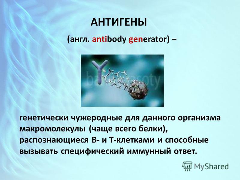 АНТИГЕНЫ (англ. antibody generator) – генетически чужеродные для данного организма макромолекулы (чаще всего белки), распознающиеся В- и Т-клетками и способные вызывать специфический иммунный ответ.