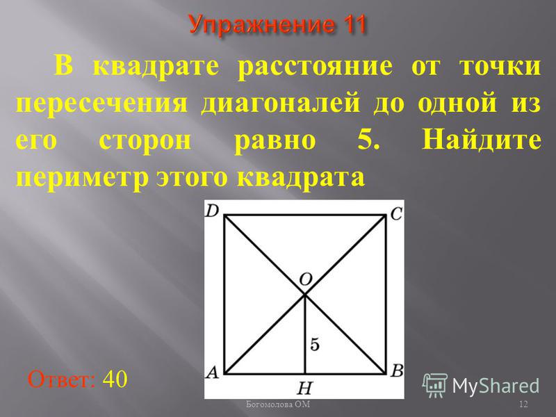 В квадрате расстояние от точки пересечения диагоналей до одной из его сторон равно 5. Найдите периметр этого квадрата Ответ: 40 12 Богомолова ОМ