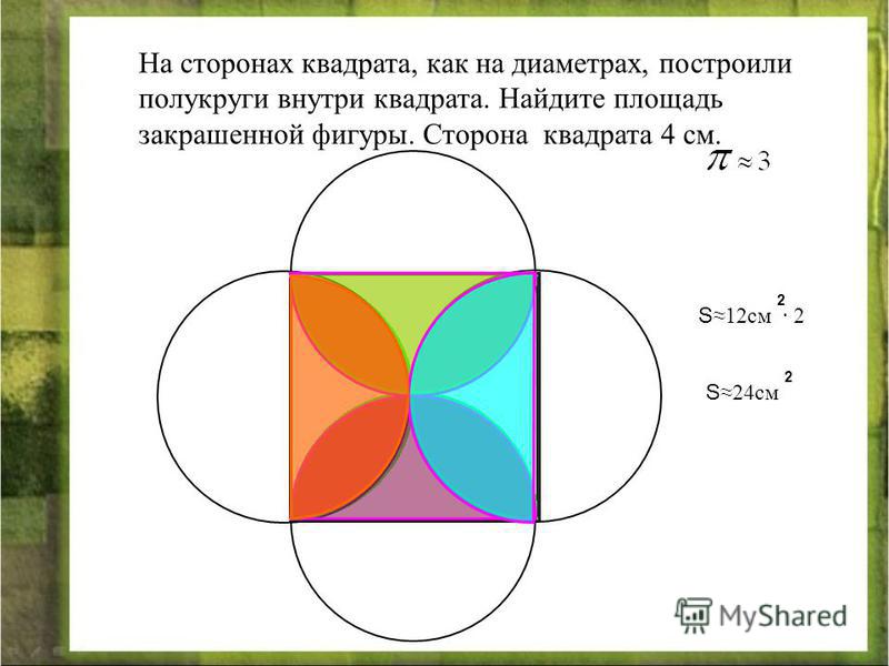 На сторонах квадрата, как на диаметрах, построили полукруги внутри квадрата. Найдите площадь закрашенной фигуры. Сторона квадрата 4 см. S12 см · 2 2 S24 см 2