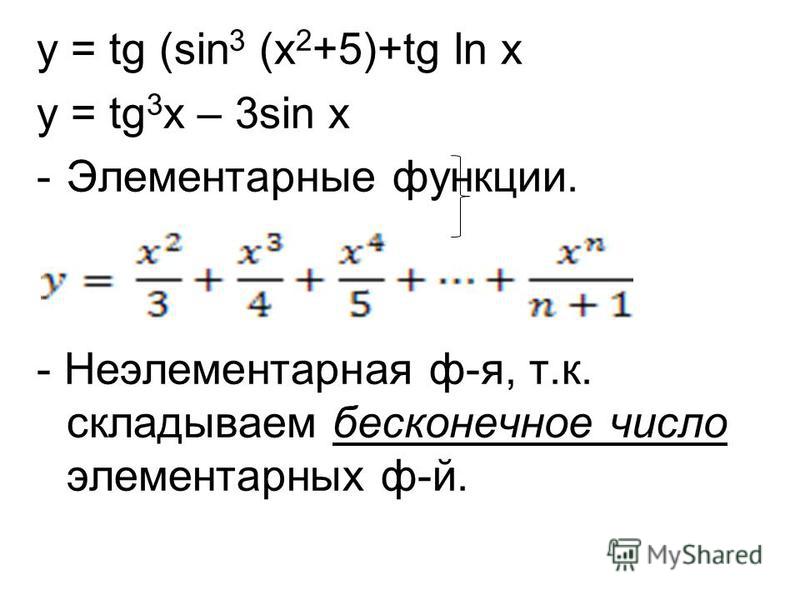 y = tg (sin 3 (x 2 +5)+tg ln x y = tg 3 x – 3sin x -Элементарные функции. - Неэлементарная ф-я, т.к. складываем бесконечное число элементарных ф-й.