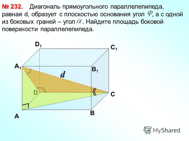 D d Диагональ прямоугольного параллелепипеда, равная d, образует с плоскостью основания угол, а с одной из боковых граней – угол. Найдите площадь боковой поверхности параллелепипеда. 232. 232. А1А1 В1В1 С1С1 D1D1 А В С