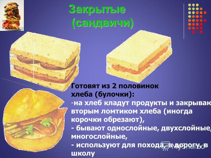 Закрытые (сандвичи) Закрытые (сандвичи) Готовят из 2 половинок хлеба (булочки): -на хлеб кладут продукты и закрывают вторым ломтиком хлеба (иногда корочки обрезают), - бывают однослойные, двухслойные, многослойные, - используют для похода, в дорогу, 