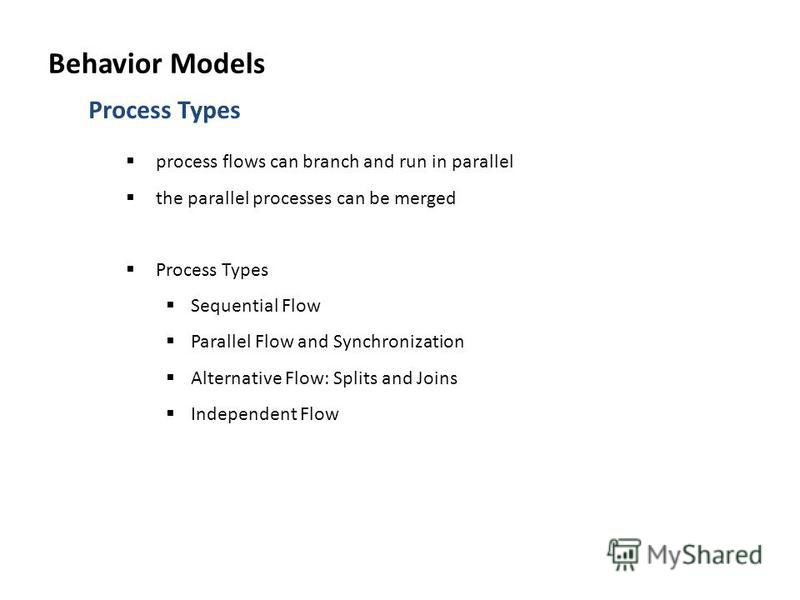 Process Types process flows can branch and run in parallel the parallel processes can be merged Process Types Sequential Flow Parallel Flow and Synchronization Alternative Flow: Splits and Joins Independent Flow Behavior Models