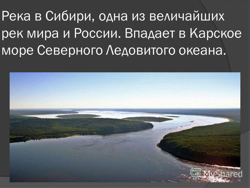 Река в Сибири, одна из величайших рек мира и России. Впадает в Карское море Северного Ледовитого океана.