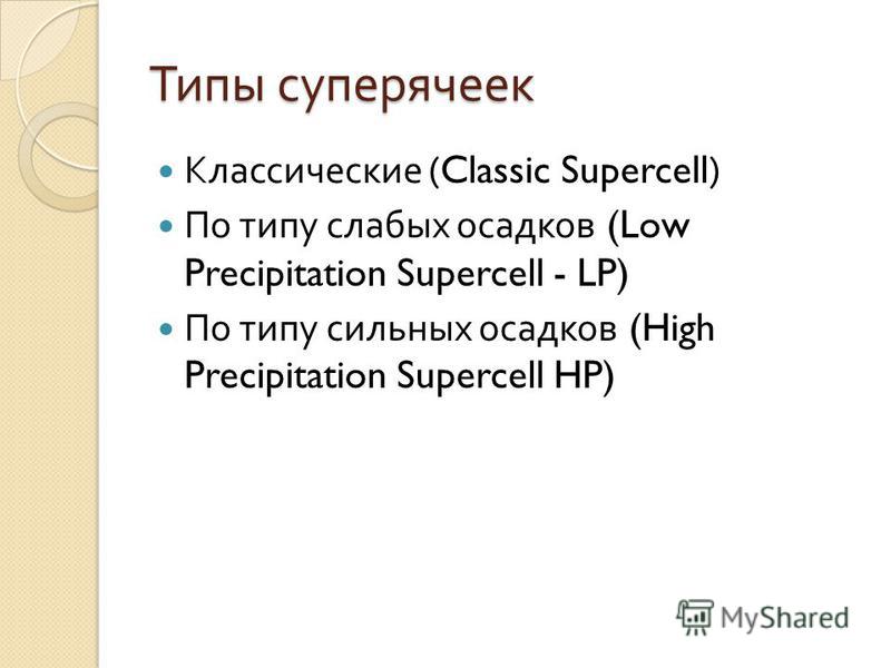 Типы супер ячеек Классические (Classic Supercell) По типу слабых осадков (Low Precipitation Supercell - LP) По типу сильных осадков (High Precipitation Supercell HP)