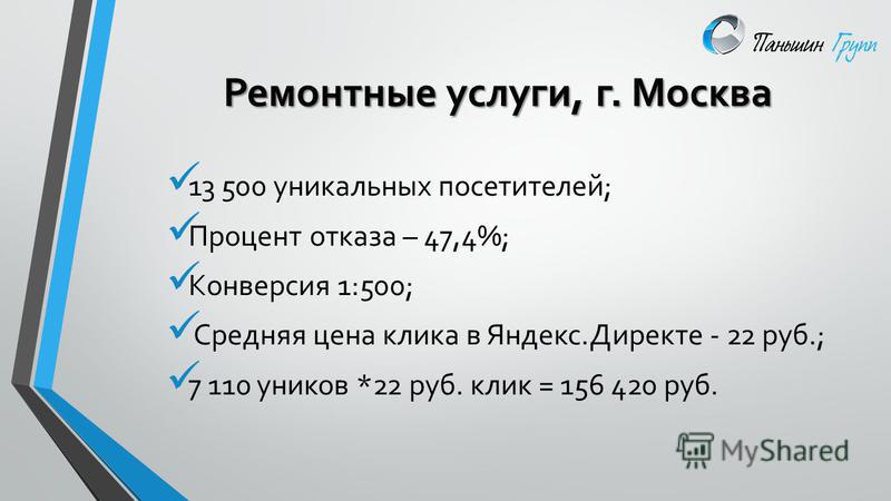 Ремонтные услуги, г. Москва 13 500 уникальных посетителей; Процент отказа – 47,4%; Конверсия 1:500; Средняя цена клика в Яндекс.Директе - 22 руб.; 7 110 уников *22 руб. клик = 156 420 руб.