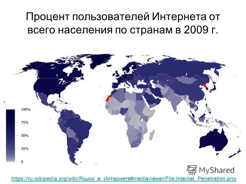 Процент пользователей Интернета от всего населения по странам в 2009 г. https://ru.wikipedia.org/wiki/Языки_в_Интернете#mediaviewer/File:Internet_Penetration.png