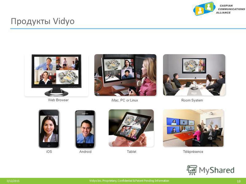 10 Vidyo Inc. Proprietary, Confidential & Patent Pending Information 3/12/2015 Продукты Vidyo iMac, PC or Linux Web Browser Room System iOSAndroidTabletTéléprésence
