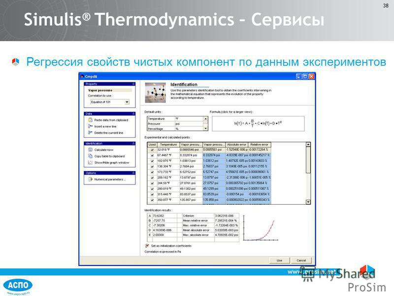 www.prosim.net 38 Регрессия свойств чистых компонент по данным экспериментов Simulis ® Thermodynamics – Сервисы