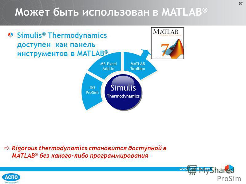 www.prosim.net 57 Rigorous thermodynamics становится доступной в MATLAB ® без какого-либо программирования Может быть использован в MATLAB ® ПО ProSim MS-Excel Add-In MATLAB Toolbox Simulis ® Thermodynamics доступен как панель инструментов в MATLAB ®