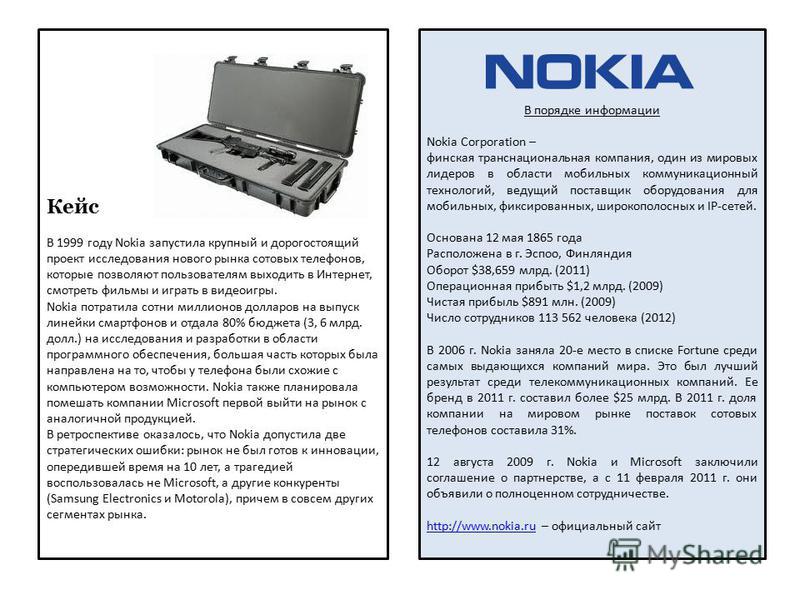 В порядке информации Nokia Corporation – финская транснациональная компания, один из мировых лидеров в области мобильных коммуникационный технологий, ведущий поставщик оборудования для мобильных, фиксированных, широкополосных и IP-сетей. Основана 12 