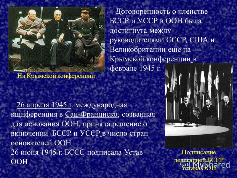 Договорённость о членстве БССР и УССР в ООН была достигнута между руководителями СССР, США и Великобритании ещё на Крымской конференции в феврале 1945 г. 26 апреля 1945 г. международная конференция в Сан-Франциско, созванная для основания ООН, принял