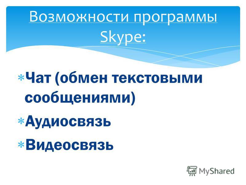 Чат (обмен текстовыми сообщениями) Аудиосвязь Видеосвязь Возможности программы Skype: