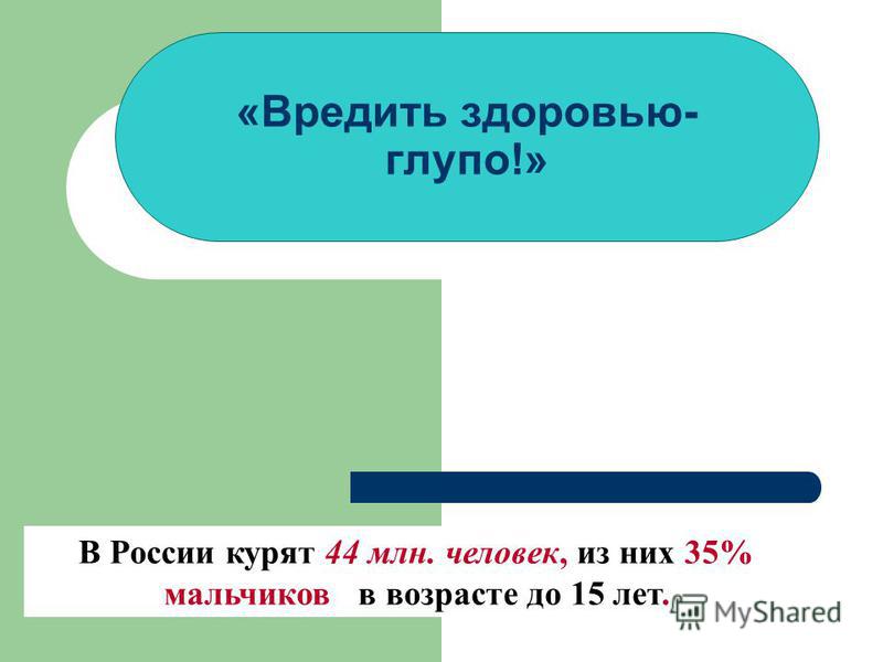 «Вредить здоровью- глупо!» В России курят 44 млн. человек, из них 35% мальчиков в возрасте до 15 лет.