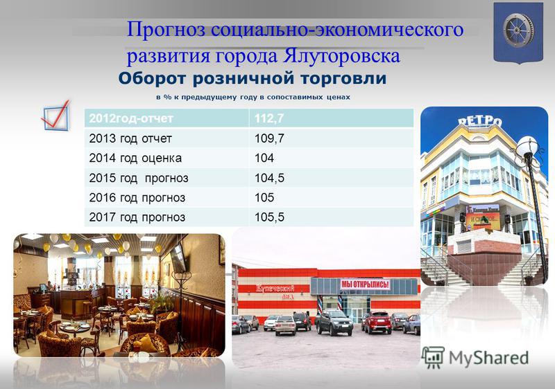 Оборот розничной торговли в % к предыдущему году в сопоставимых ценах Прогноз социально-экономического развития города Ялуторовска 2012 год-отчет 112,7 2013 год отчет 109,7 2014 год оценка 104 2015 год прогноз 104,5 2016 год прогноз 105 2017 год прог