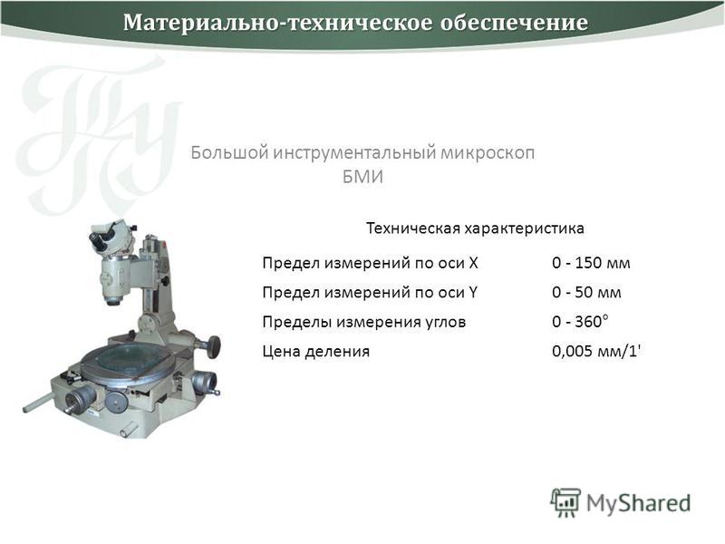 Большой инструментальный микроскоп БМИ Техническая характеристика Предел измерений по оси X0 - 150 мм Предел измерений по оси Y0 - 50 мм Пределы измерения углов 0 - 360° Цена деления 0,005 мм/1' Материально-техническое обеспечение