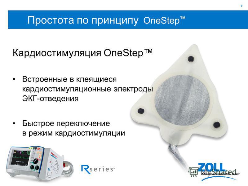 6 Простота по принципу OneStep Кардиостимуляция OneStep Встроенные в клеящиеся кардиостимуляционные электроды ЭКГ-отведения Быстрое переключение в режим кардиостимуляции