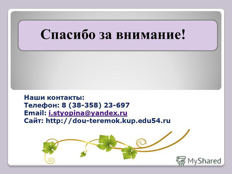 Спасибо за внимание! Наши контакты: Телефон: 8 (38-358) 23-697 Email: i.styopina@yandex.rui.styopina@yandex.ru Сайт: http://dou-teremok.kup.edu54.ru