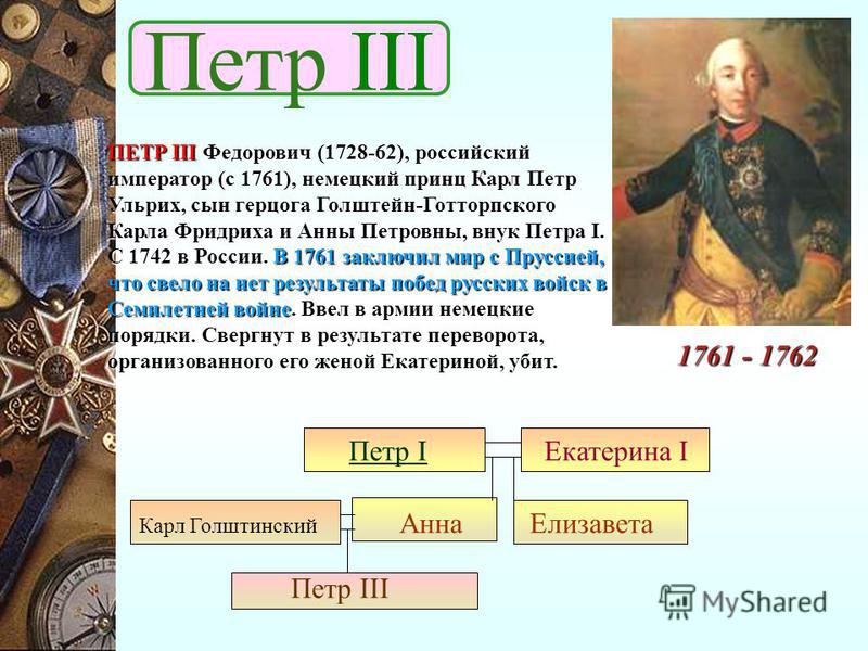 Елизавета Петровна (17091761)российская императрица (17411761). Дочь Петра I и Екатерины I, рожденная вне брака. это обстоятельство объясняло факт, что при рассмотрении вопроса о престолонаследии в 17251730 гг. не рассматривалась как одна из претенде
