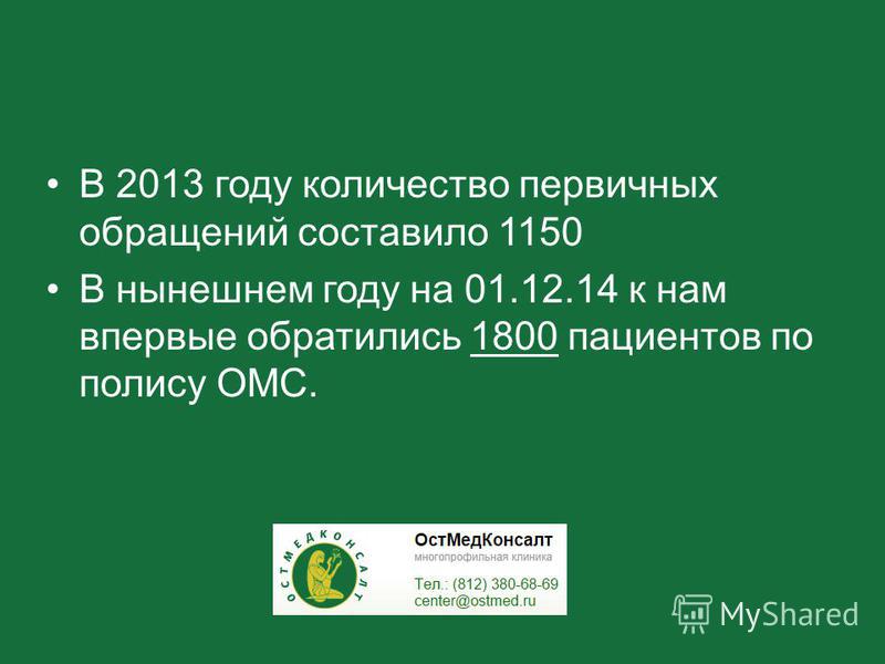 В 2013 году количество первичных обращений составило 1150 В нынешнем году на 01.12.14 к нам впервые обратились 1800 пациентов по полису ОМС.