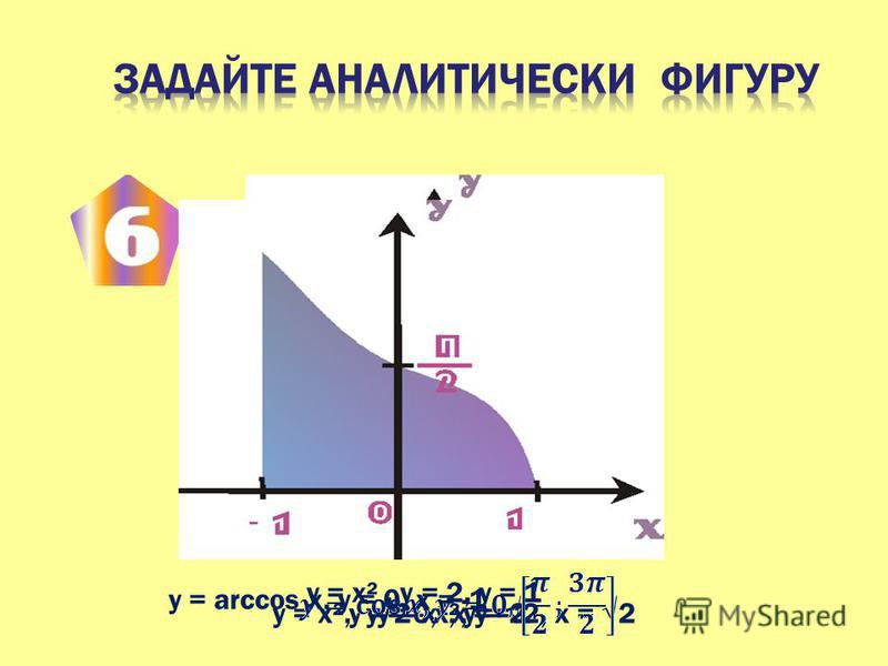 y = х², у = 0, х = -2, х = 2y = 2 - х², у =1 у = х², у = 2 у = х², у = 2, у = 1 y = arccos x, у = 0, x = -1