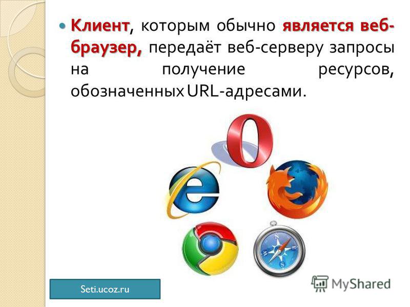 Клиентявляется веб - браузер, Клиент, которым обычно является веб - браузер, передаёт веб - серверу запросы на получение ресурсов, обозначенных URL- адресами. Seti.ucoz.ru