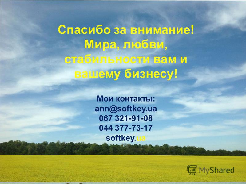 Спасибо за внимание! Мира, любви, стабильности вам и вашему бизнесу! Мои контакты: ann@softkey.ua 067 321-91-08 044 377-73-17 softkey.ua