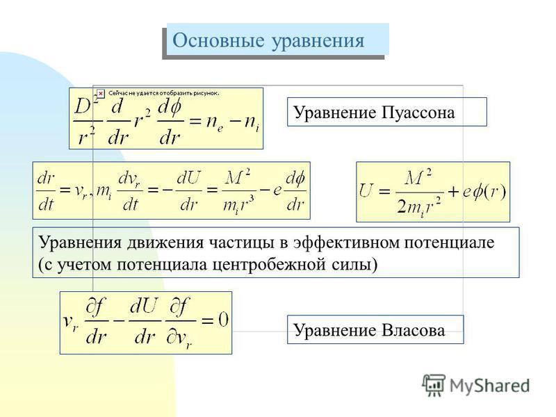 Основные уравнения Уравнение Пуассона Уравнения движения частицы в эффективном потенциале (с учетом потенциала центробежной силы) Уравнение Власова