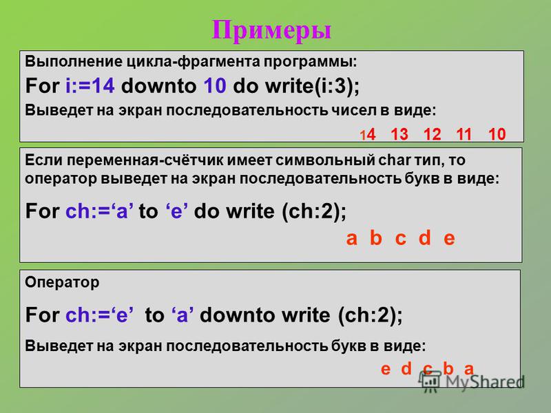 Примеры Выполнение цикла-фрагмента программы: For i:=14 downto 10 do write(i:3); Выведет на экран последовательность чисел в виде: 1 4 13 12 11 10 Если переменная-счётчик имеет символьный char тип, то оператор выведет на экран последовательность букв