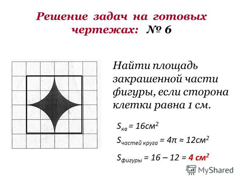 Решение задач на готовых чертежах: 6 Найти площадь закрашенной части фигуры, если сторона клетки равна 1 см. S кв = 16 см 2 S частей круга = 4π 12 см 2 S фигуры = 16 – 12 = 4 см 2