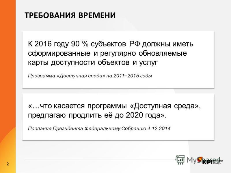2 ТРЕБОВАНИЯ ВРЕМЕНИ К 2016 году 90 % субъектов РФ должны иметь сформированные и регулярно обновляемые карты доступности объектов и услуг Программа «Доступная среда» на 2011–2015 годы «…что касается программы «Доступная среда», предлагаю продлить её 
