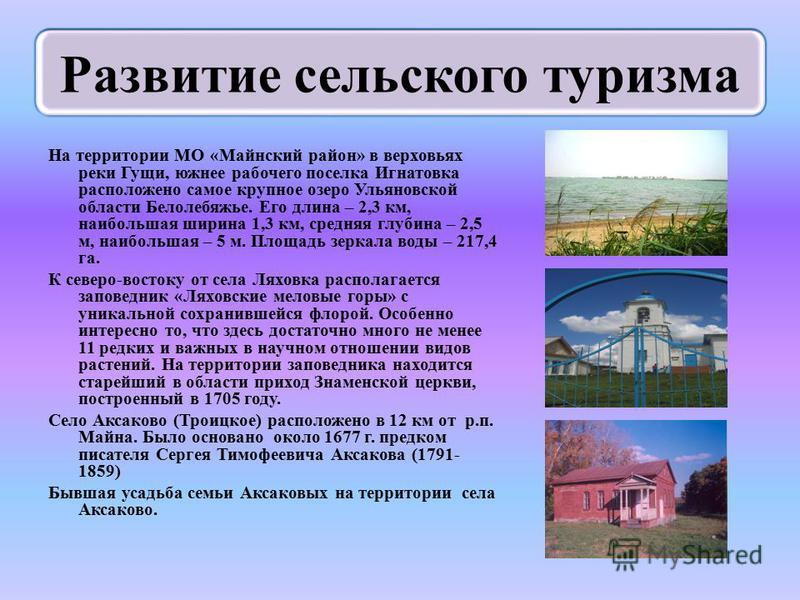 На территории МО «Майнский район» в верховьях реки Гущи, южнее рабочего поселка Игнатовка расположено самое крупное озеро Ульяновской области Белолебяжье. Его длина – 2,3 км, наибольшая ширина 1,3 км, средняя глубина – 2,5 м, наибольшая – 5 м. Площад