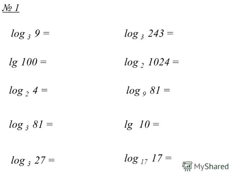 log 3 9 = lg 100 = log 2 4 = log 3 81 = log 17 17 = lg 10 = log 9 81 = log 2 1024 = log 3 243 = log 3 27 = 1