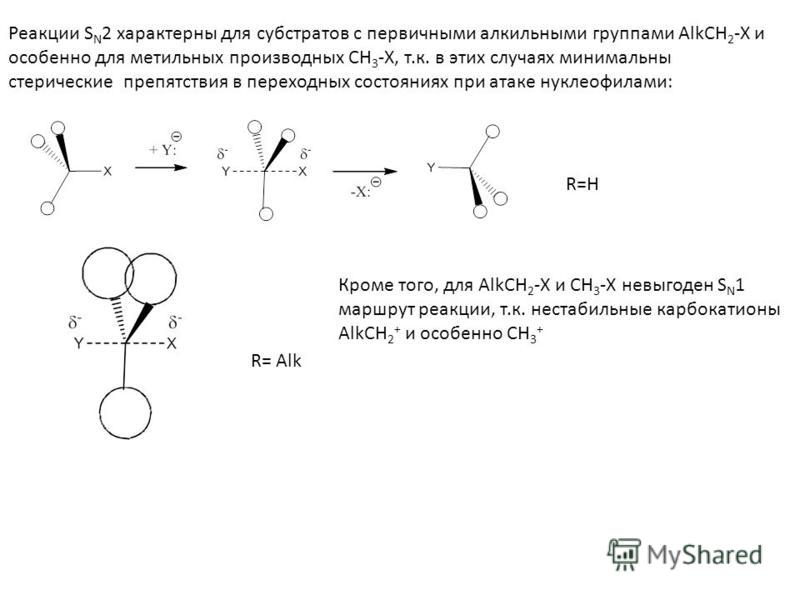 Реакции S N 2 характерны для субстратов с первичными алкильными группами AlkCH 2 -X и особенно для метильных производных CH 3 -X, т.к. в этих случаях минимальны стерические препятствия в переходных состояниях при атаке нуклеофилами: R=H R= Alk Кроме 