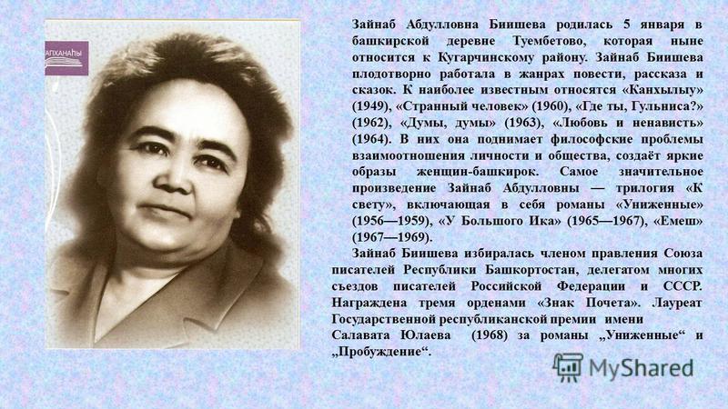 МОЙ ЛЮБИМЫЙ ПИСАТЕЛЬ Зайнаб Биишева – народный писатель Республики Башкортостан