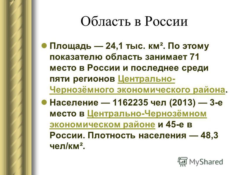 Область в России Площадь 24,1 тыс. км². По этому показателю область занимает 71 место в России и последнее среди пяти регионов Центрально- Чернозёмного экономического района.Центрально- Чернозёмного экономического района Население 1162235 чел (2013) 