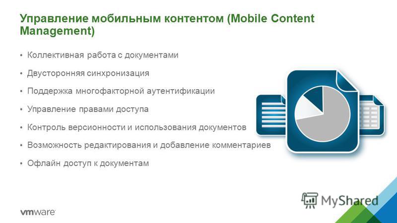 Управление мобильным контентом (Mobile Content Management) 22 Коллективная работа с документами Двусторонняя синхронизация Поддержка многофакторной аутентификации Управление правами доступа Контроль версионности и использования документов Возможность