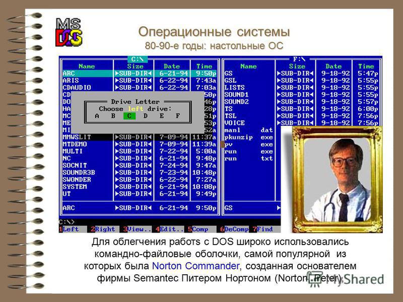 Для облегчения работы с DOS широко использовались командно-файловые оболочки, самой популярной из которых была Norton Commander, созданная основателем фирмы Semantec Питером Нортоном (Norton, Peter), Операционные системы 80-90-е годы: настольные ОС